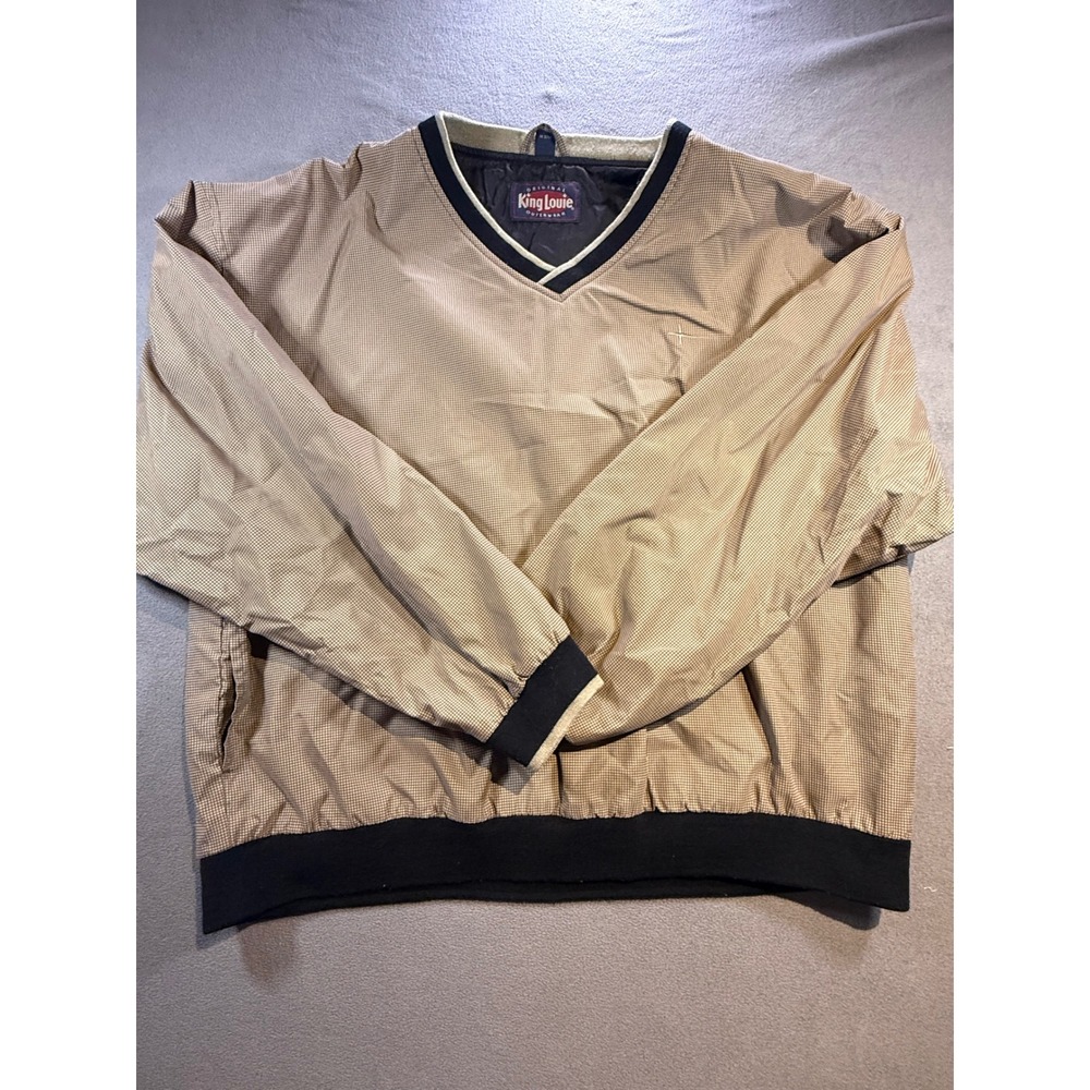 King Louie Outerwear Mens XL V-Neck Windshirt Pullover Tan Black Micro Check